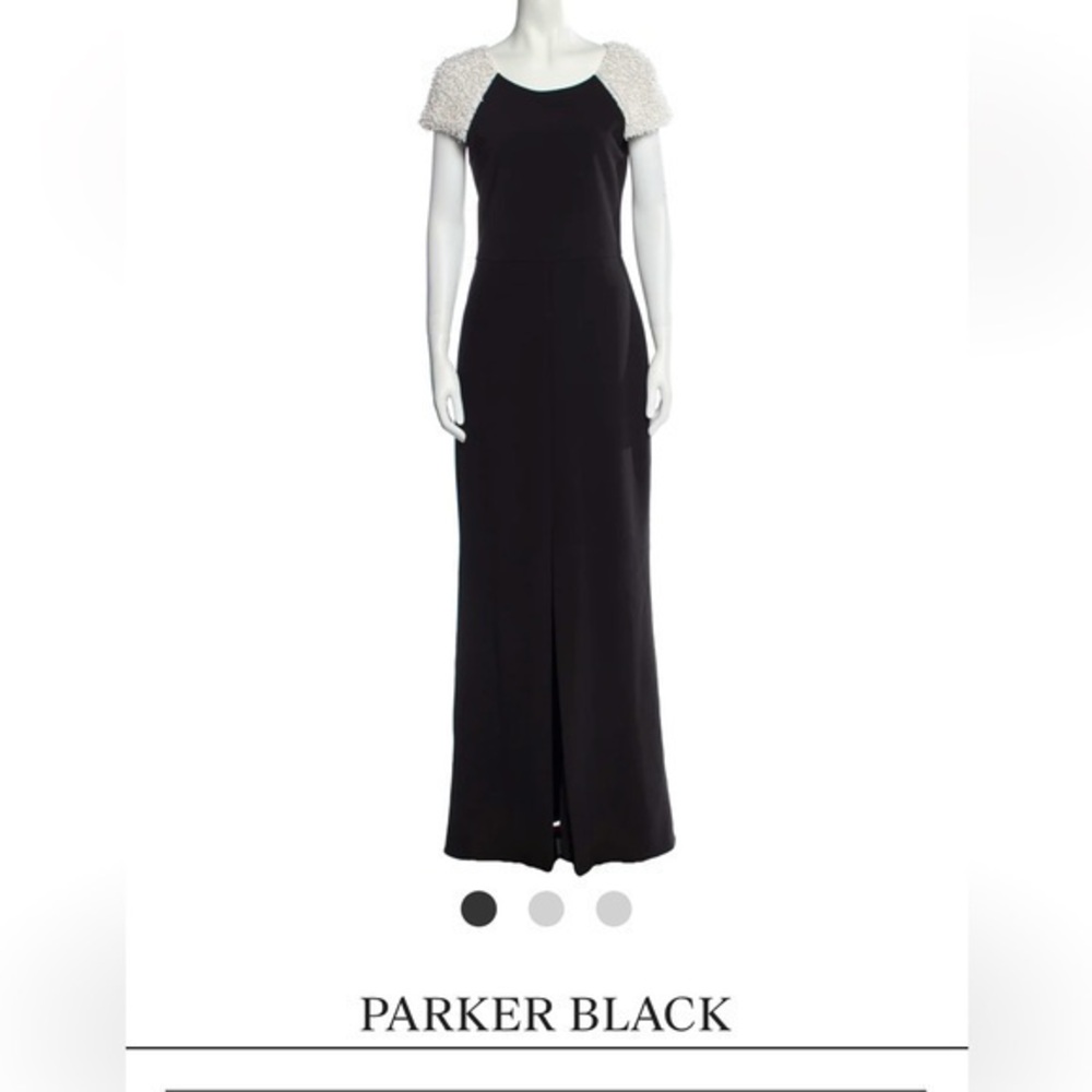 Parker Black Evening Gown Dress with White Beaded Cap Sleeves and front slit